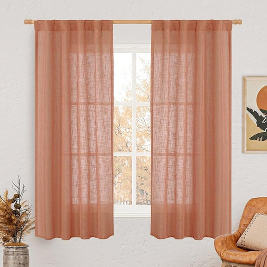 LAMIT Terracotta Linen Semi Sheer Curtains 63 Inch for Bedroom, Light Filtering Neutral Window Curtains Farmhouse Boho Back Tab and Rod Pocket Panels, 2 Panels, 38 x 63 Inch