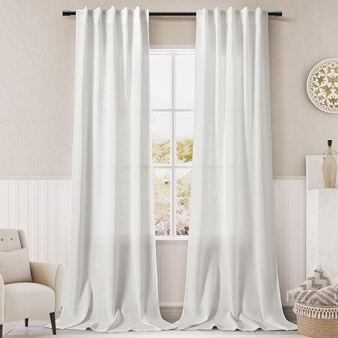 Extra Long Off White Curtain 108 inches Long 2 Panels Set for Living Room Back Tab Modern Farmhouse Coastal Decor Cotton Textured White Sheer Linen Curtains 108 inch Length for Large Window 9 FT