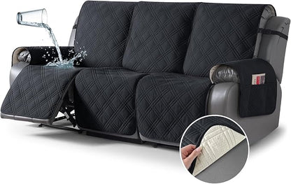 TAOCOCO 100% Waterproof Recliner Sofa Cover Non Slip Couch Cover for 3 Seat Reclining Sofa, Split Reclining Couch Covers 3-Piece with Straps, Washable Sofa Slipcover for Kids Pets(3 Seater, Black)