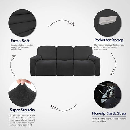 PureFit Super Stretch 3 Seats Recliner Chair Sofa Couch Cover with Pocket – Non Slip Soft Sofa Slipcover, Washable Spandex Reclining Furniture Protector for Kids, Pets (Recliner Sofa, Dark Gray)