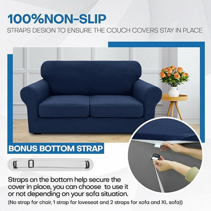 XINEAGE 2026 New 3 Pieces Couch Covers for 2 Cushion Sofa Super Stretch Loveseat Slipcover Pet Dog Universal Slip Cover Anti Slip Love Seat Furniture Protector (Navy Blue, 55"-69")