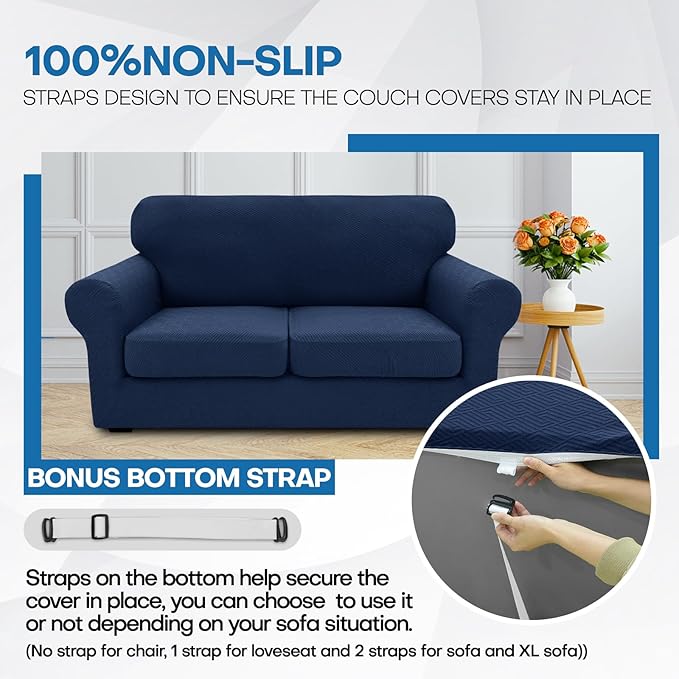 XINEAGE 2026 New 4 Pieces Extra Large Couch Covers for 3 Cushion Sofa Super Stretch Sofa Cover for 3 Large Seat Cushion Universal Slip Cover for Living Room (Navy Blue), 91"-110"(3 Cushions)