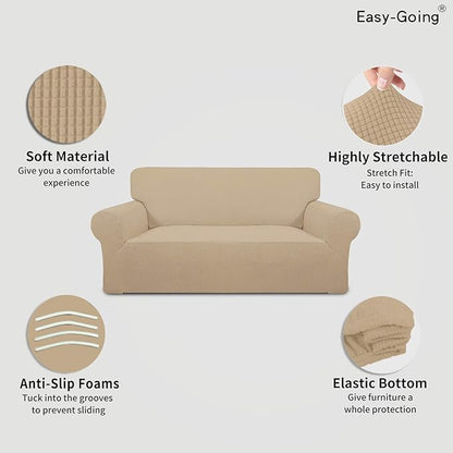 Easy-Going Stretch Oversized Loveseat Slipcover 1-Piece Sofa Cover Furniture Protector Couch Soft with Elastic Bottom for Kids Polyester Spandex Jacquard Fabric Small Checks Sand