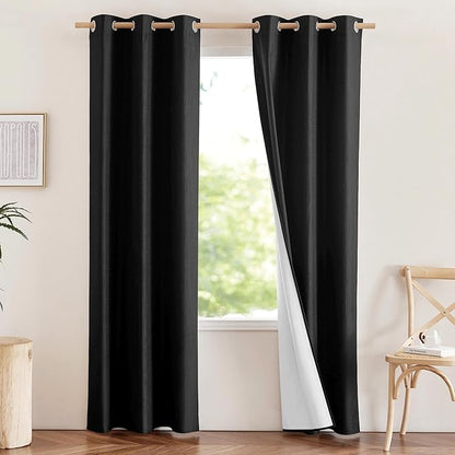 NICETOWN Vintage Open Linen Weave Flax Thermal Curtains, 100% Blackout Curtains 84 inches Long for Dining Room, Soundproof Window Treatment Drapes for Hall Room, Black, 42" Wide Per Panel, Set of 2