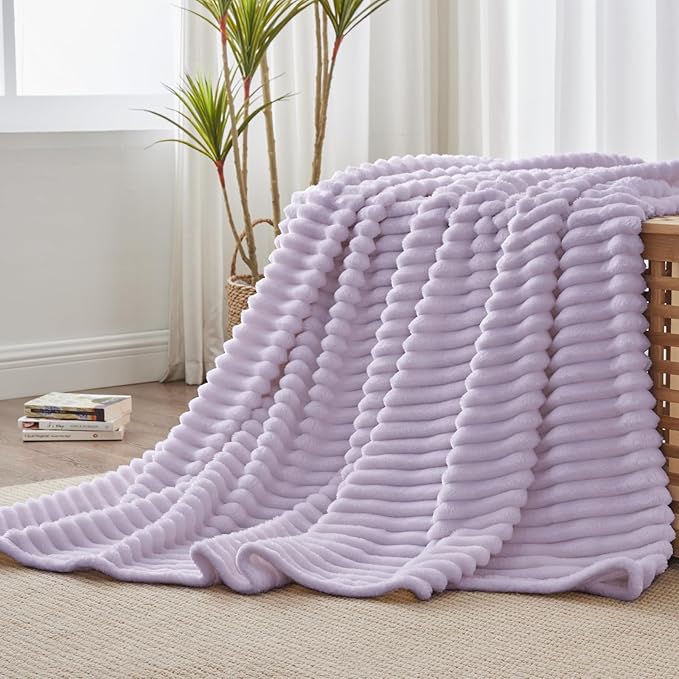 BEDELITE Fleece Throw Blanket for Couch - 300GSM Soft & Warm Fluffy Lavender Fog Blanket, Decorative and Giftable Striped Blankets for Women, Men, 50"x60"