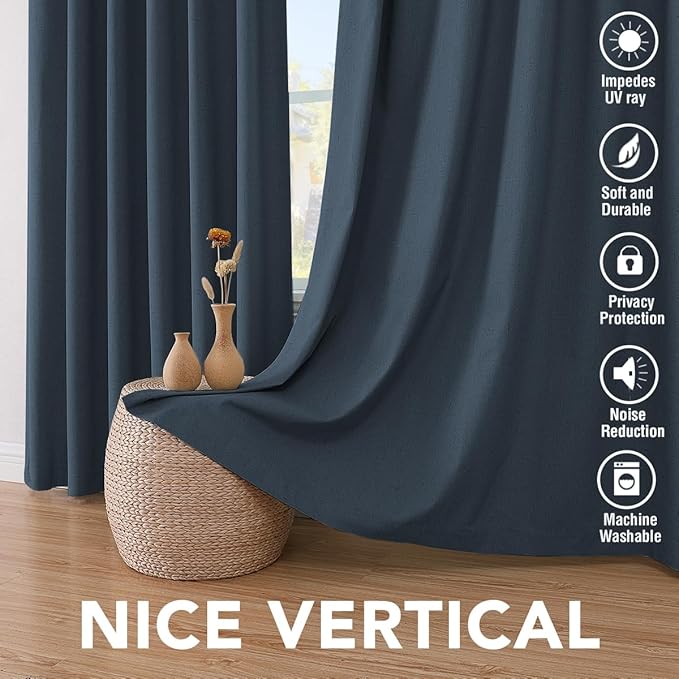 H.VERSAILTEX Primitive Linen Curtains 100% Blackout Curtain Drapes Burlap Fabric Curtains with White Thermal Insulated Liner, Grommet Top Drapes Living Room/Bedroom (2 Panels, 42 x 63 Inch, Navy)