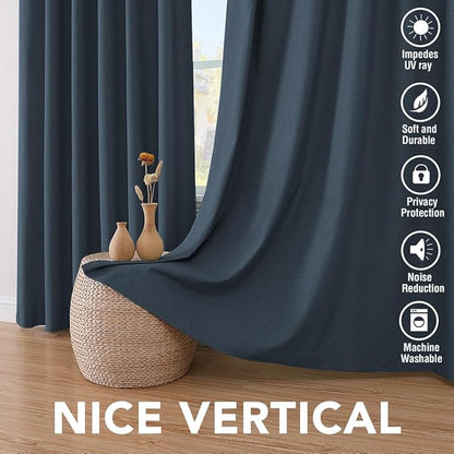 H.VERSAILTEX Primitive Linen Curtains 100% Blackout Curtain Drapes Burlap Fabric Curtains with White Thermal Insulated Liner, Grommet Top Drapes Living Room/Bedroom (2 Panels, 42 x 63 Inch, Navy)