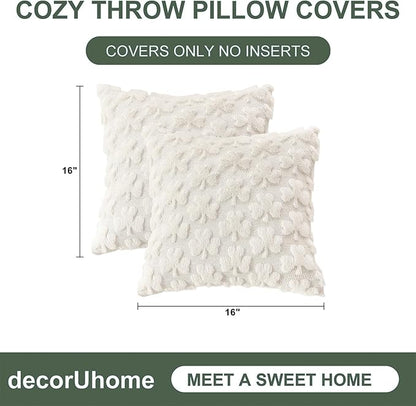 decorUhome St. Patrick’s Day Shamrock Pillow Covers 16x16 Inch Set of 2, Soft Plush Faux Wool Cream White Throw Pillow Covers, Farmhouse Spring Holiday Decor for Sofa Living Room