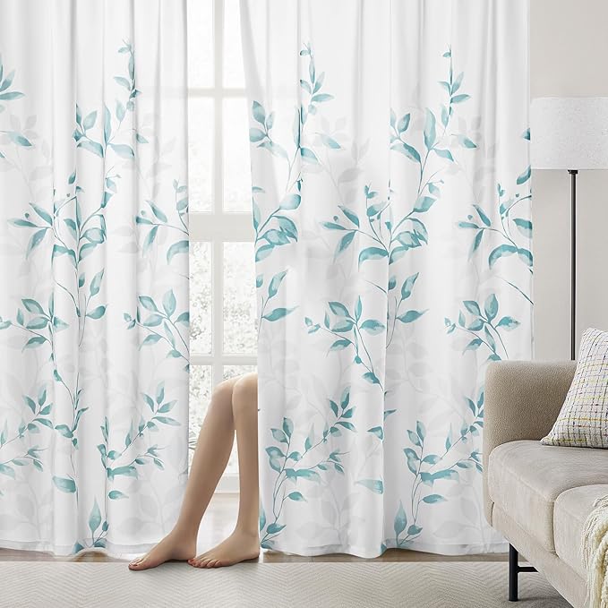 HOMEIDEAS Non-See-Through Teal and White Privacy Sheer Curtains 52 X 96 Inch Length 2 Panels, Leaf Floral Printed Light Filtering Semi Sheer Window Curtains Drapes for Bedroom Living Room