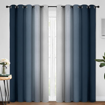 Yakamok Room Darkening Ombre Curtains 84 Inch Length, Navy Blue and Greyish White Thermal Insulated Gradient Color Curtains,Light Blocking Grommet Window Drapes for Bedroom,70 Inch Width,2 Panels