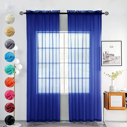 youleyar Solid Sheer Rod Pocket Curtain Voile Draperies 2 Panels White Beige Black Grey Coffee 52 Inch Width 45 Inch Long 1 Pair for Kitchen Bedroom Children Living Room Yard (Sapphire,52Wｘ45L)