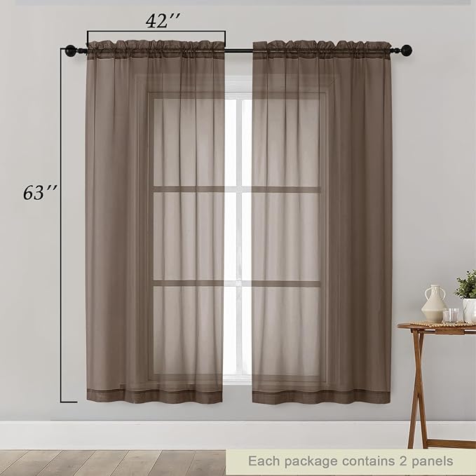 Sheer Chocolate Curtains for Bedroom Living Room 63 Inch Length 2 Panels, Airy Soft Light Filtering Sheer Dining Room Curtains, Modern Rod Pocket Drapes, Chocolate, Each 42" Wx63 L Inches