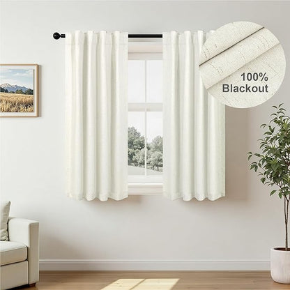 Pitalk 100% Blackout Short Linen Curtains for Cafe 40 Inch Length 2 Panels Half French Door Curtains for Window Privacy Small Curtain for Front Back Door Glass Window Kitchen Basement Loft Cream Ivory