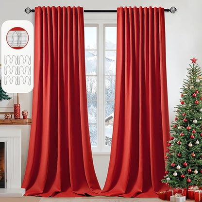 MIULEE Christmas Red Back Tab Blackout Curtains 120 Inch Long 2 Panels Set for Living Room Bedroom, Rod Pocket/Pinch Pleat Extra Long Thermal Insulated Room Darkening Pleated Light Blocking 10FT Drape