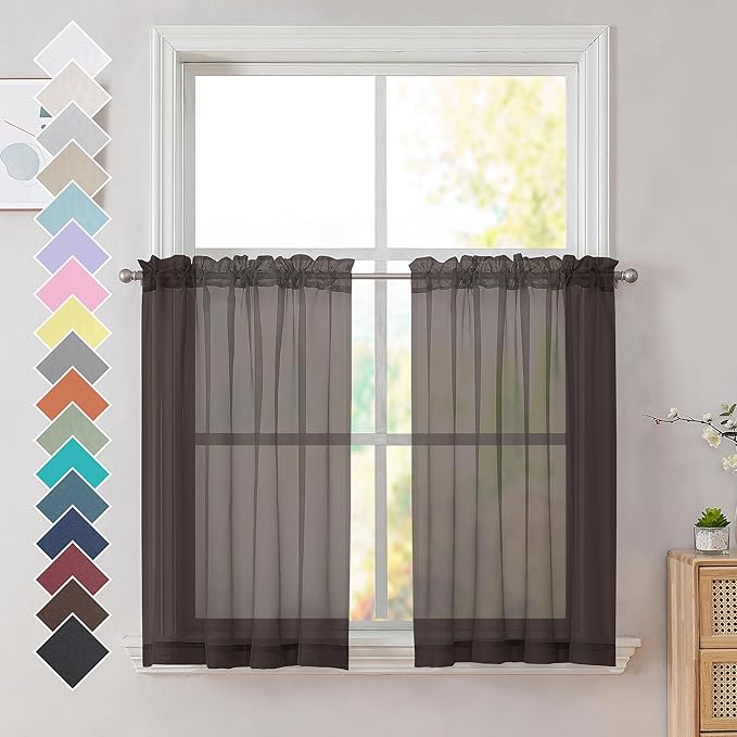 OVZME Brown Sheer Curtains 36 inches Long, Short Kitchen Window Treatment Solid Sheers Cafe Curtains Tiers Voile Half Window Curtains 2 Panels for Kitchen Room Laundry, Rod Pocket, 42" Wx36 L