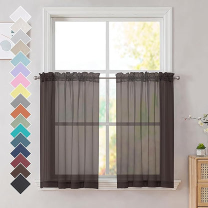OVZME Brown Sheer Curtains 36 inches Long, Short Kitchen Window Treatment Solid Sheers Cafe Curtains Tiers Voile Half Window Curtains 2 Panels for Kitchen Room Laundry, Rod Pocket, 42" Wx36 L
