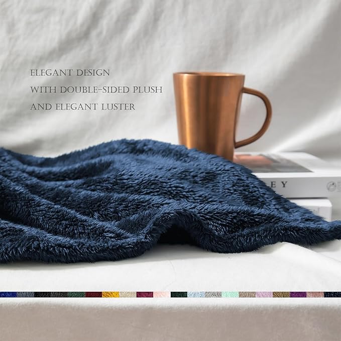 Exclusivo Mezcla Plush Fuzzy Fleece Bed Blanket Queen Size, Super Soft, Fluffy and Warm Blankets for Couch, Bed, All Season (Navy Blue, 90x90 inches)