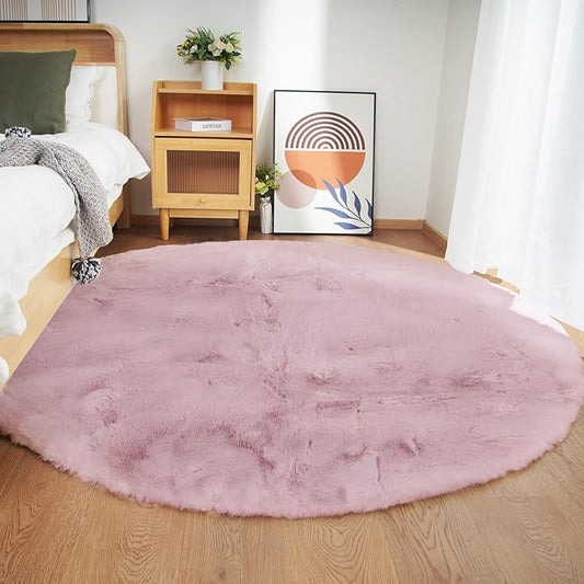 Ghouse Faux Rabbit Fur Round Rug 5ft Pink Round Rugs for Bedroom Decor Fluffy Area Rugs for Living Room, no-Shedding Carpet Sheepskin Washable Rug Rome Decor