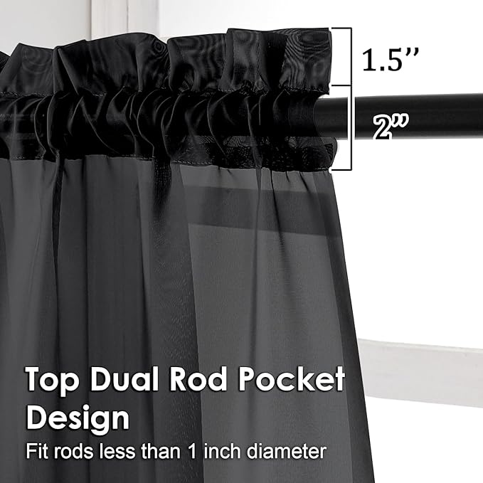 OVZME Black Sheer Curtains 78 Inches Long 2 Panels - Soft Light Filtering Window Sheer Panels for Living Room/Bedroom, Top Dual Rod Pocket, 1 Pair, Each 42Wx78L Inches