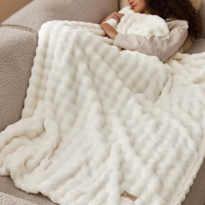 Bedsure 3D Fleece Bubble Blanket for Couch - GentleSoft White Spring Throw Blanket for Sofa Bed Room Decor - Luxury Soft Cozy Blanket Gifts for Kids, Lightweight, Off White, 50"×60"