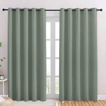 NICETOWN Blackout Draperies Curtains for Kids Room, Window Treatment Thermal Insulated Solid Grommet Blackout Drape Panels for Bedroom (Greyish Green, Set of 2, 70 by 84 inches)