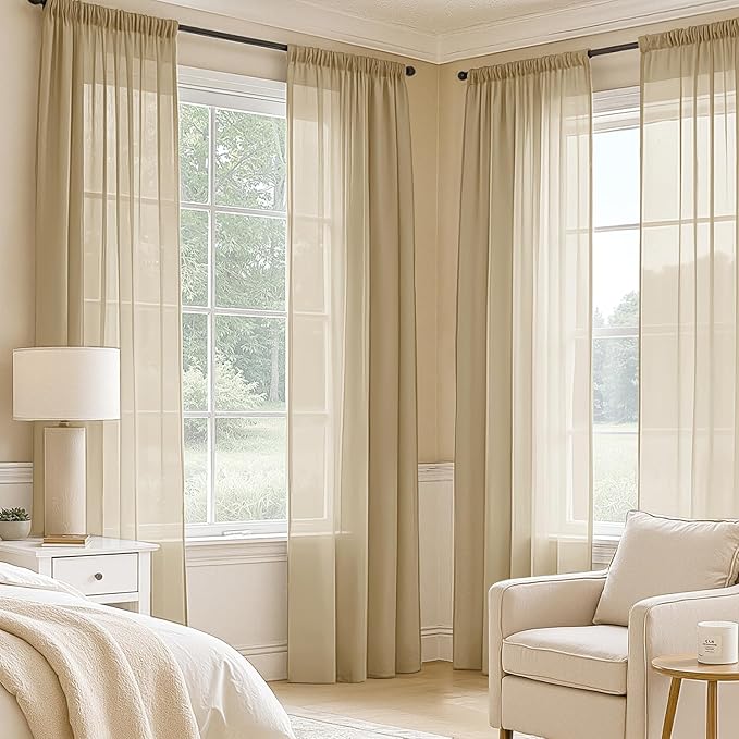 MIULEE Beige Sheer Curtains 72 Inches Long, 4 Panels Set, Rod Pocket Voile Drapes Light Filtering and Semi Transparent, Elegant Window Treatments for Bedroom Living Room,42 x 72 Inches