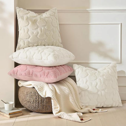 decorUhome Easter Bunny Pillow Covers 18x18 Inch Set of 2, Soft Plush Faux Wool Jacquard Beige Rabbit Cushion Covers, Farmhouse Neutral Spring Easter Holiday Decor for Couch Sofa Bed