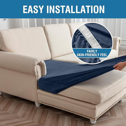 Couch Cover 6-Piece Elastic Velvet Couch Cushion Covers & Chaise Slipcovers for L-Shaped Sofas, Sofa Seat Covers Washable, Soft Cover for Couches (5 Seater + Chaise, Berlin Blue)