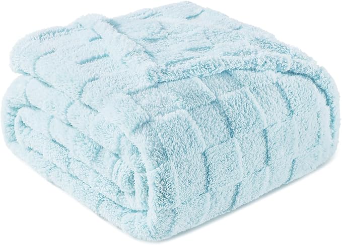 Exclusivo Mezcla Fleece Throw Blanket for Couch,Super Soft and Warm Lightweight Checkered Pattern Blankets for All Seasons, 50x60 Inches, Light Blue