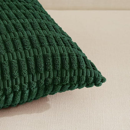 Fancy Homi Set of 4 Dark Green Boho Decorative Throw Pillow Covers 18x18 Inch for Couch Bed Sofa, Aesthetic Modern Bohemian Room Decor, Soft Fuzzy Fluffy Cozy Corduroy Textured Cushion Case 45x45cm