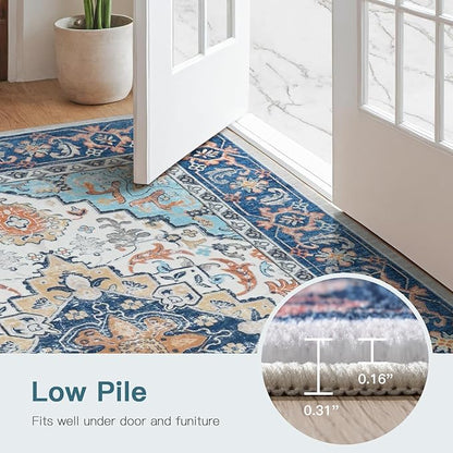 Lofus 5x7 Area Rugs for Living Room, Washable Area Rug, Rugs for Bedroom, Kitchen, Vintage Boho Carpet, Soft Non-Slip, Low Pile Large Area Rug for Office Dining Room, Floral Blue