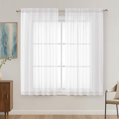 OVZME White Sheer Curtains 63 Inches Long 2 Panels Set, Light Filtering Sheer Curtains for Living Room Bedroom 59 Inch Extra Wide, Modern Voile Filmy Rod Pocket Window Drapes, 59Wx63L Inches