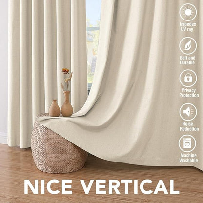 H.VERSAILTEX Linen Curtains 100% Blackout Curtains for Bedroom 90 inch Long Full Light Blocking Nature Linen Blended Window Curtains for Living Room Nickel Grommet (2 Panels, Bleached Sand)