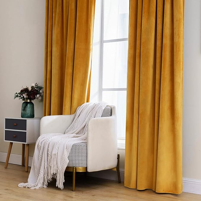 MIULEE Velvet Curtains 2 Panels Luxury Blackout Curtains for Bedroom Living Room Thermal Insulated Fall Decor Super Soft Window Drapes Rod Pocket & Back Tab, Mustard Yellow, 52 x 72 Inch