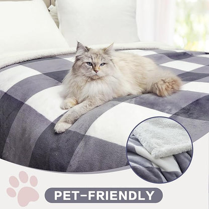 PU MEI Sherpa Blanket Fleece Throw Blanket Full Queen Plaid Thick Bed Blanket, Soft Warm Cozy Grey Checkered Throw Blanket 80"*90"