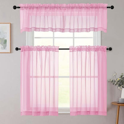 Pink Kitchen Curtains 30 Inch Length Tier 2 PCS, Solid Soft Airy Half Curtains for Windows, Pink Sheer Rod Pocket Drapes for Bathroom Basement Small Window, 42" Wx30 L Inches