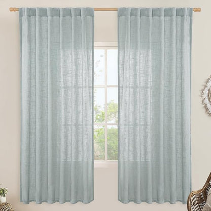 LAMIT Linen Blended Curtains for Bedroom, Faux Linen Textured Light Filtering Drapes Back Tab and Rod Pocket Boho Burlap Panels for Farmhouse/Living Room, 2 Panels, 52 x 72 Inch, Greyish Blue