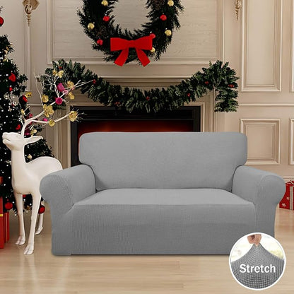 Easy-Going Stretch Loveseat Slipcover 1-Piece Sofa Cover Furniture Protector Couch Soft with Elastic Bottom for Kids Polyester Spandex Jacquard Fabric Small Checks (Loveseat, Light Gray)