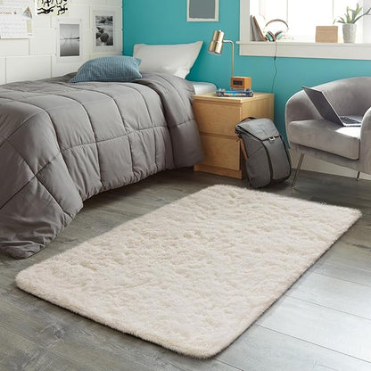 Ophanie 3x5 Rug, Bedside Preppy Dorm Area Rug, College Essentials Non Slip Ivory Small Carpets for Bedroom, Anti Slip Fluffy Living Room Rugs Home Decor Aesthetic, Nursery