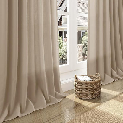 Nanspring Sepia Beige Linen Curtains 96 Inches Long for Living Room Rustic Farmhouse Decor Light Filtering Semi Sheer Curtain Back Tab Neutral Modern Luxury Drapes for Bedroom Office 52x96, 2 Panels