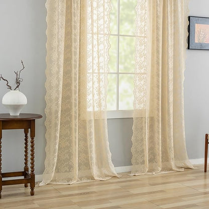 YJ YANJUN Vintage Lace Curtains 84 Inches Long-Retro Floral Beige Sheer Curtain Panels for Living Room Bedroom Shabby Chic Crochet Drapes Grandma Core Decor Light Filtering Pair W52 X L84 Light Beige