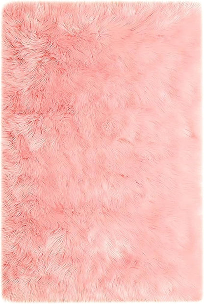 Goolela Pink Fluffy Fuzzy Rug for Girls Bedroom 3x5 Faux Fur Rug Furry Shag Bedside Carpet for Play Room Dorm Soft Plush Rectangle