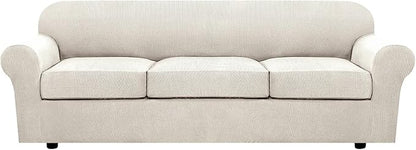 H.VERSAILTEX 4 Piece Stretch Sofa Covers for 3 Cushion Couch Covers for Living Room Furniture Slipcovers (Base Cover Plus 3 Seat Cushion Covers) Upgraded Thicker Jacquard Fabric (XL Sofa, Ivory)