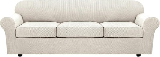 H.VERSAILTEX 4 Piece Stretch Sofa Covers for 3 Cushion Couch Covers for Living Room Furniture Slipcovers (Base Cover Plus 3 Seat Cushion Covers) Upgraded Thicker Jacquard Fabric (XL Sofa, Ivory)