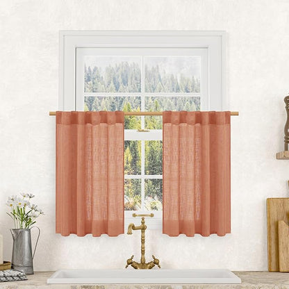 LAMIT Semi Sheer Linen Curtains 36 Inch Length 2 Panels, Light Filtering Panels Back Tab and Rod Pocket Neutral Drapes for Bathroom/Kitchen/Loft Room, Terracotta, 25 x 36 Inch