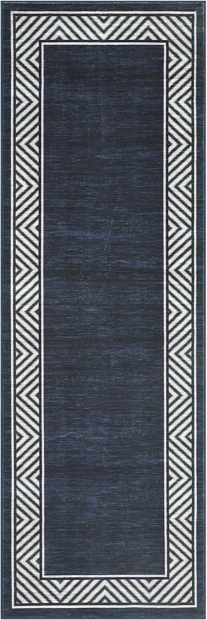 GarveeHome Washable Hallway Rug 2x6 Narrow Modern Bordered Floor Runner, Non-Shedding Contemporary Bedside Rug, Foldable Ultra-Thin Carpet Runner for Bedroom, Kitchen, Laundry Room, Navy Blue