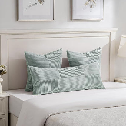 Fancy Homi Set of 2 Grey Blue Boho Long Lumbar Body Decorative Throw Pillow Cover 14x36 Inch for Bed Couch Bedroom Bench, Soft Patchwork Corduroy Textured Pillow Case, Rustic Farmhouse Room Décor
