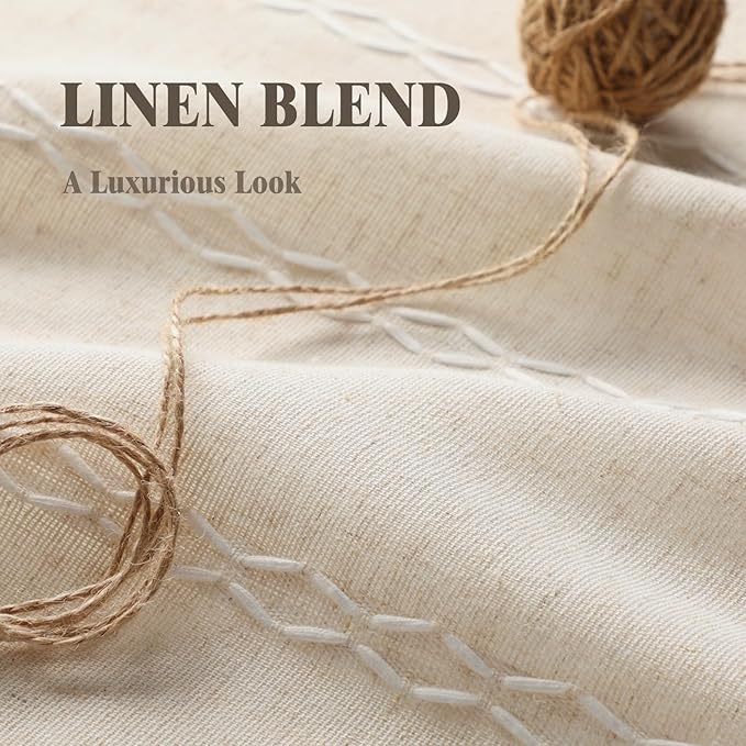 Boho Blackout Curtains 72 Inches Long Beige Linen Blend 2 Panels with Tassels and Cotton Embroidery, Farmhouse Vintage Rustic Rod Pocket Drapes for Living Room or Bedroom