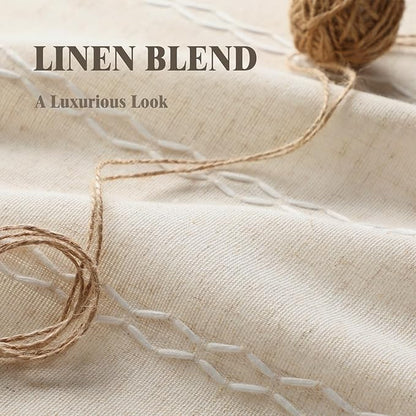 Boho Blackout Curtains 72 Inches Long Beige Linen Blend 2 Panels with Tassels and Cotton Embroidery, Farmhouse Vintage Rustic Rod Pocket Drapes for Living Room or Bedroom