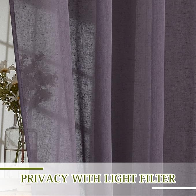 NICETOWN Flax Linen Sheer Curtains for Living Room, Grommet Vertical Semi Sheer Curtains Privacy Drapes with Light Filter for Villa/Cottage, W52 x L84, Purple Brown, 1 Pair